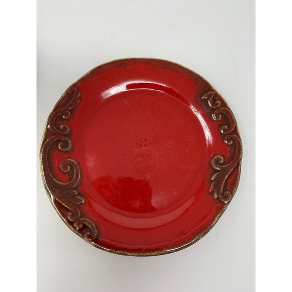 PIER 1 IMPORTS VANIA Salad Plates ~ Set of 5 ~ Brown Scrolls on Red ~ Italy - Picture 10 of 13